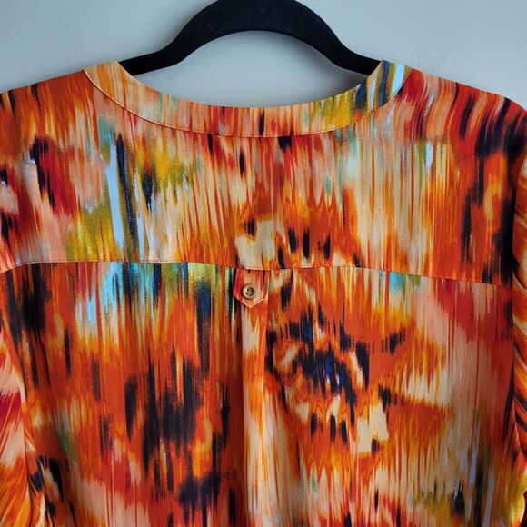 Zac & Rachel Womens Blouse Size XL Orange Abstract Roll Tab Sleeve Office Career - Picture 8 of 11